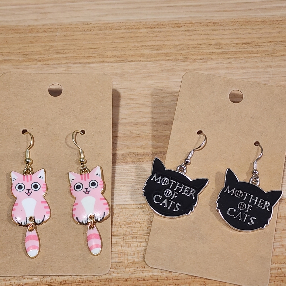 Handmade Mother Of Cats & Pink Tiger Cat With Dangly Tail Set Of 2 Earrings